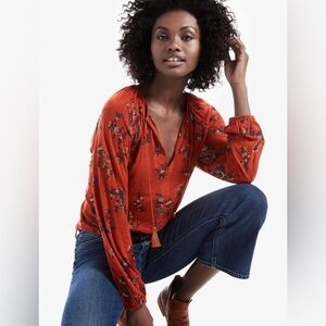 Lucky Brand Floral Rust Printed Peasant Top